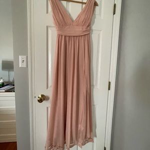 Light pink/salmon, chiffon dress. Lined. Not see through.